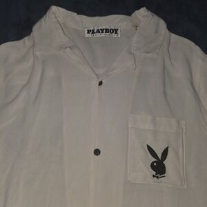 PLAYBOY by PacSun White Button-Front Shirt Men Medium Locals Only Bunny Skeleton